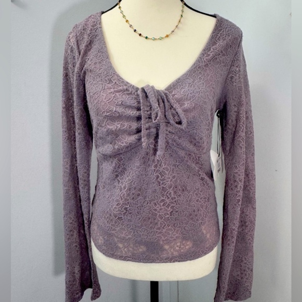 Self Esteem Women's Purple Shirt Tie Front Long Sleeve Scoop Neck Top Layered L